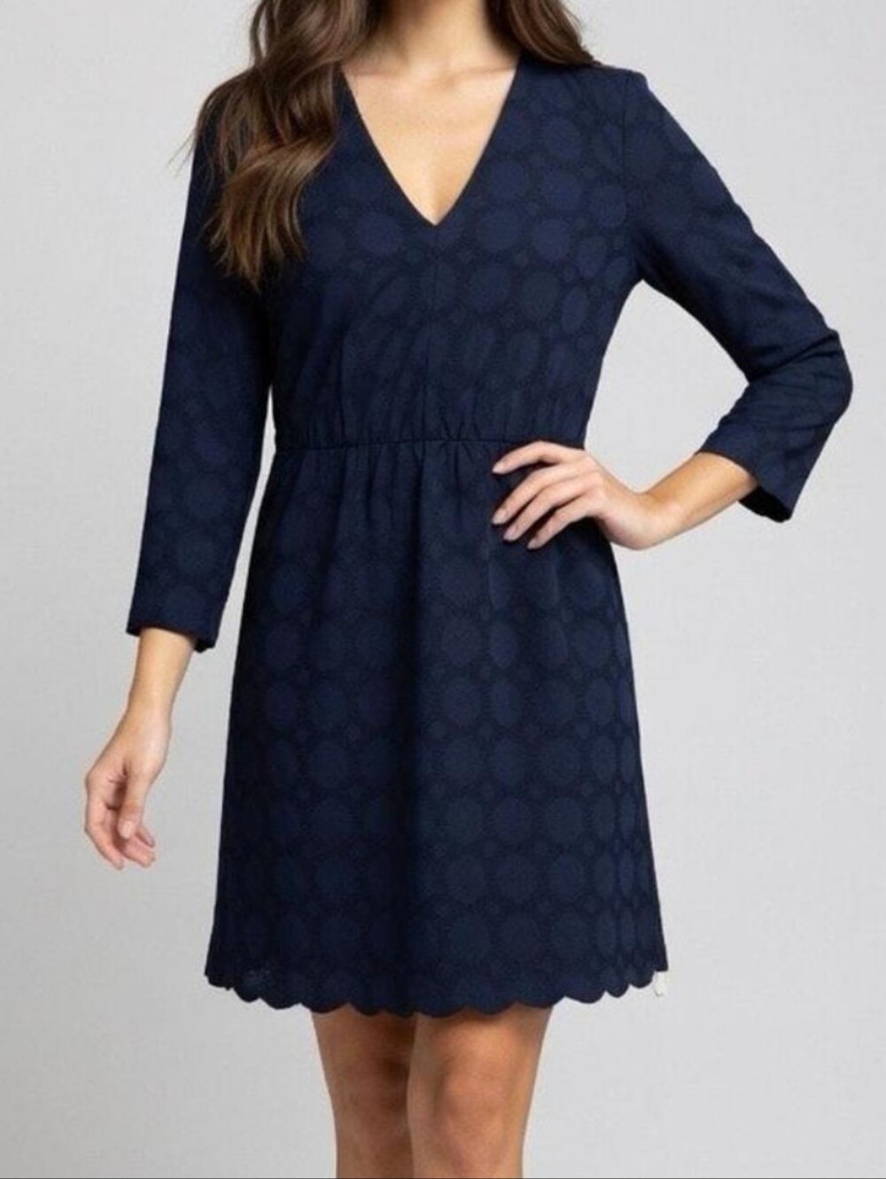 J. Crew Navy Blue Eyelet V-Neck 3/4 Sleeve Scalloped Dainty Cottagecore Dress, 0